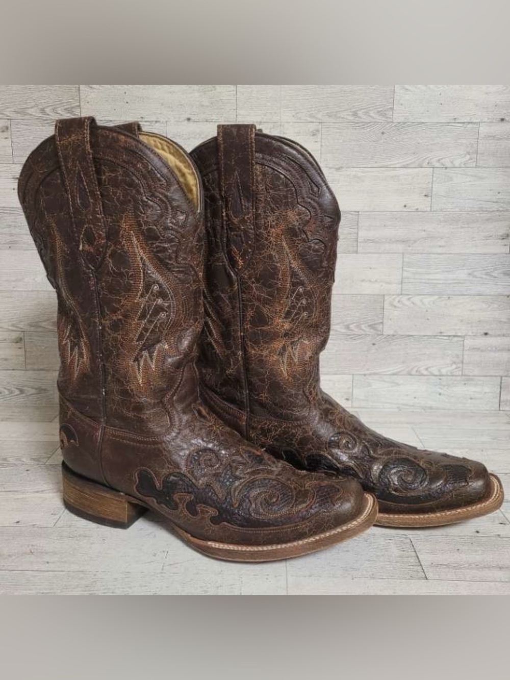 Women’s Corral Snakeskin Inlay Brown Leather Square Toe Cowboy Boots Size 9.5